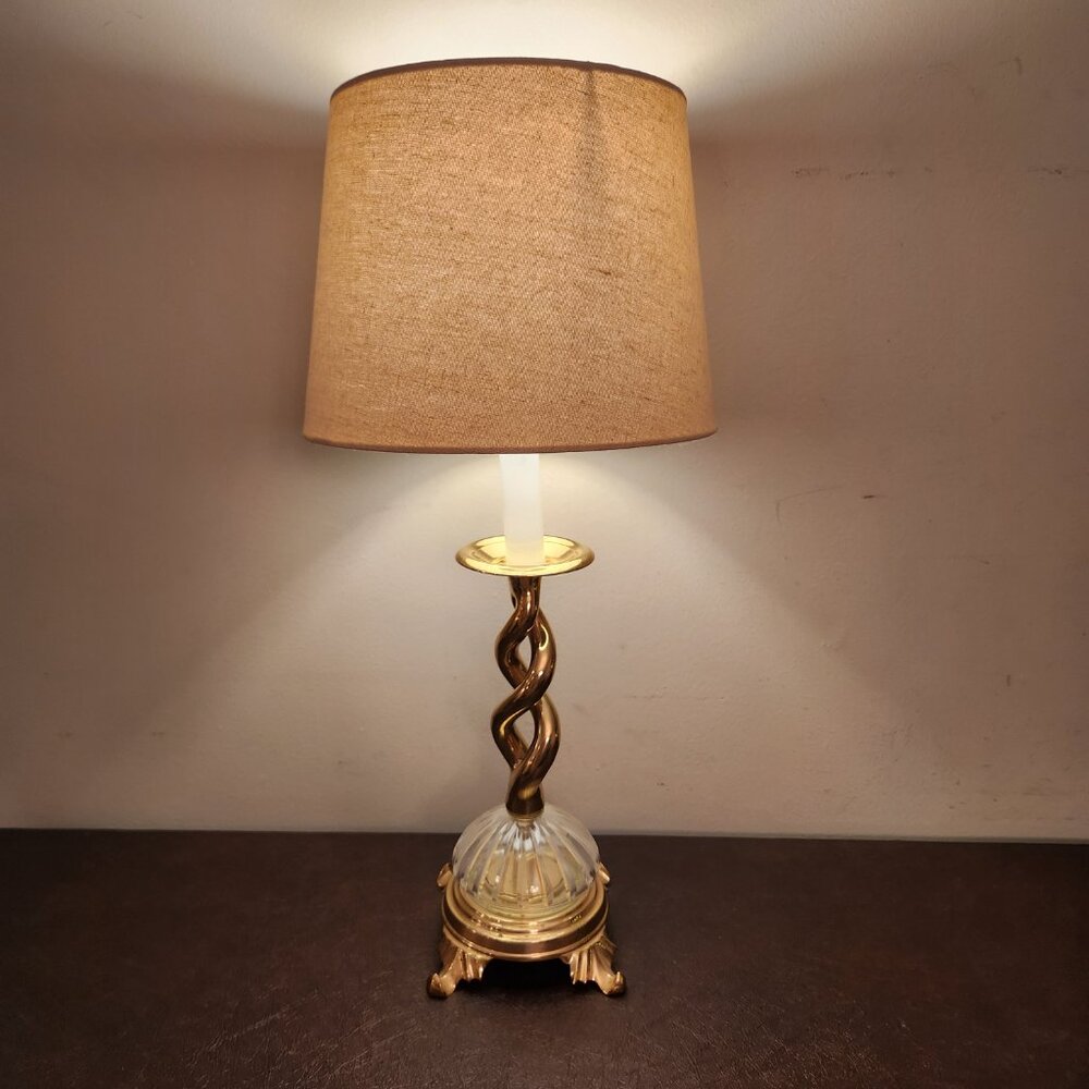 Vintage Brass Barley Twist Table Lamp Swirl Brass -- Glass Bottom